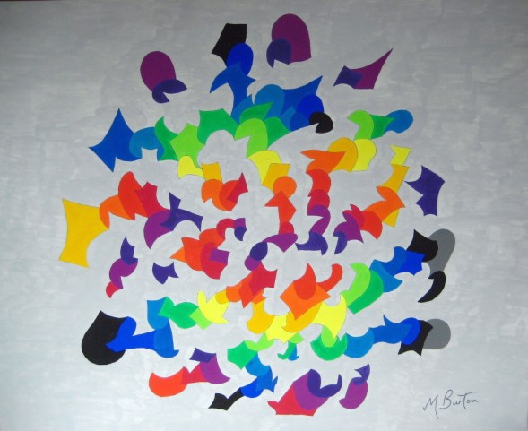 Star Burst. Four Colour Theorem applied to a map of shell shapes wound round from the centre. Rainbow sequence of colours. Mick Burton, 1971