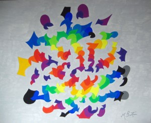 Star Burst. Four Colour Theorem applied to a map of shell shapes wound round from the centre. Rainbow sequence of colours. Mick Burton, 1971