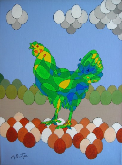 Harriet's Busy day.  Continuous line with colour sequence.  Background based on eggs.  Mick Burton, 2012.
