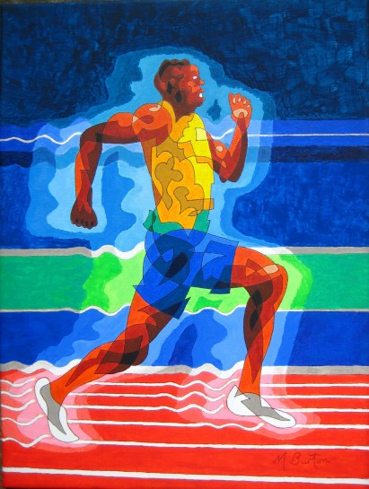 Usain Bolt continuous line drawing.  Several colour sequences.  100 metre Olympic final at night.  Mick Burton, 2013.