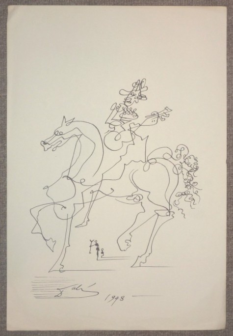 Dali continuous line drawing in pen and ink, guitar player on horse, dated 1948.