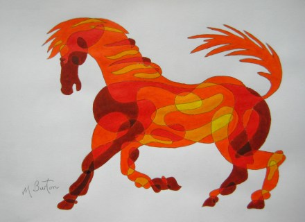 Fig 1. Completed Colour Sequence on Continuous Line Drawing of horse. Mick Burton, Continuous Line Blog.