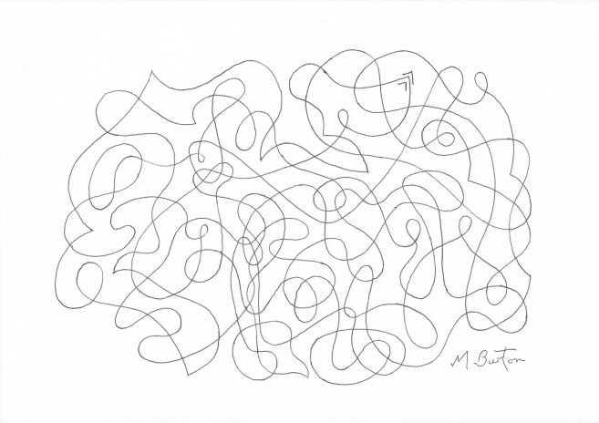 Abstract before Alternate Overdraw  embedded Dog appears.  Mick Burton, Continuous Line.