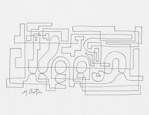Abstract before Alternate Overdraw embedded steam engine appears. Mick Burton, Continuous Line Drawing.