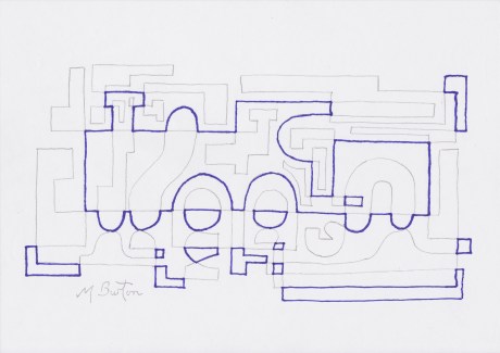Alternate Overdraw embedded steam engine appears.  Mick Burton, Continuous Line Drawing.
