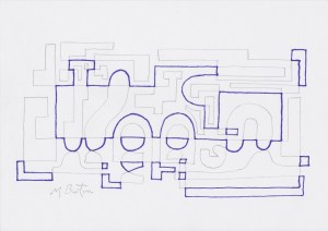 Alternate Overdraw embedded steam engine appears. Mick Burton, Continuous Line Drawing.