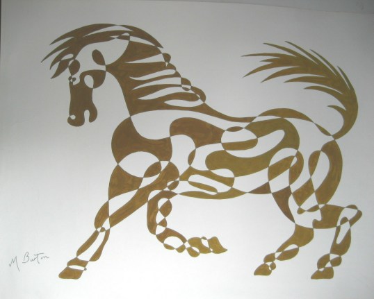 Golden Horse, continuous line drawing and alternate shading, by Mick Burton.  Notelet design for J Arthur Dixon Ltd, Isle of Wight, 1969. 