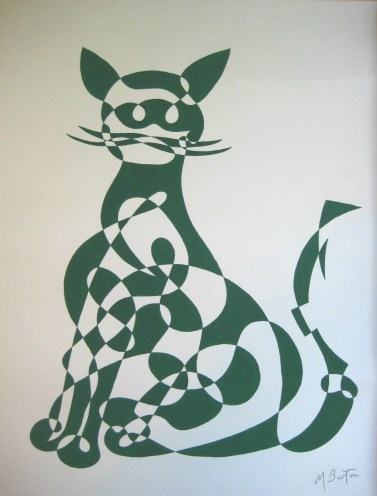 Green Cat, continuous line drawing and alternate shading, by Mick Burton.  Notelet design for J Arthur Dixon Ltd, Isle of Wight, 1969. 