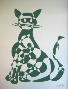 Green Cat, continuous line drawing and alternate shading, by Mick Burton.  Notelet design for J Arthur Dixon Ltd, Isle of Wight, 1969. 