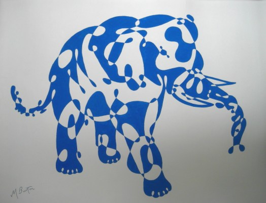 Blue Elephant, continuous line drawing and alternate shading, by Mick Burton.  Notelet design for J Arthur Dixon Ltd, Isle of Wight, 1969. 