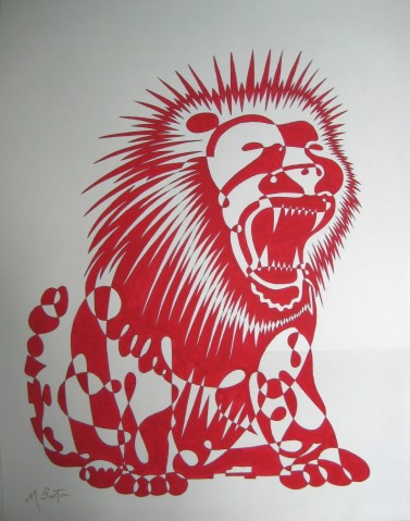 Red Lion, continuous line drawing and alternate shading, by Mick Burton.  Notelet design for J Arthur Dixon Ltd, Isle of Wight, 1969. 
