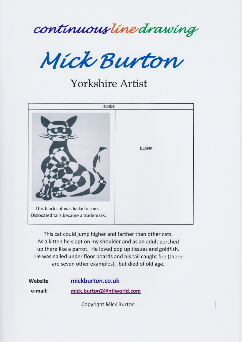 Ragamuffin, continuous line drawing with alternate shading.  Rear of Greeting Card by Mick Burton. 