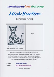 Ragamuffin, continuous line drawing with alternate shading.  Rear of Greeting Card by Mick Burton. 