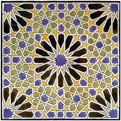 Escher painting 1922 of Islamic Mosaic tile at the Alhambra. WikiArt. Continuous line study by Mick Burton.