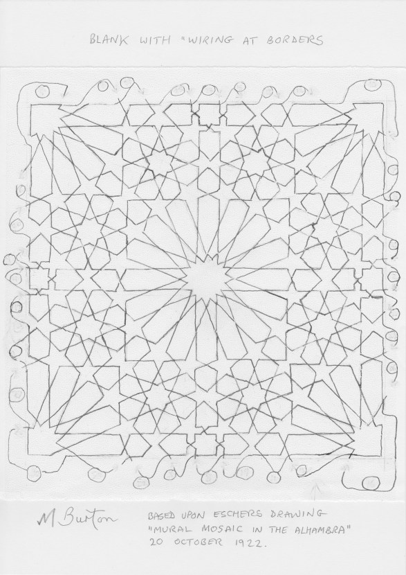 Escher Islamic Tile. Basic line structure, with border connections. Mick Burton continuous line study.