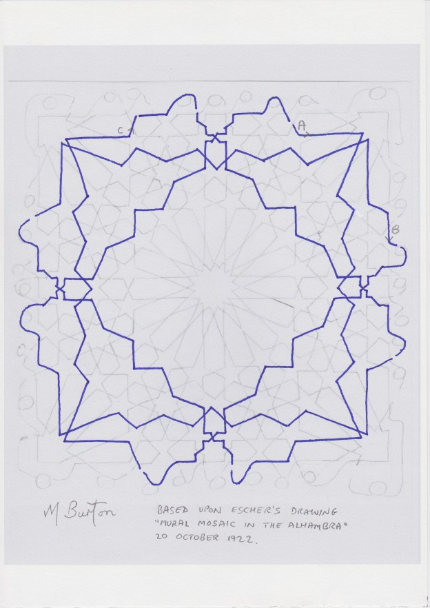 Minor continuous line, 2nd of two. Escher Islamic tile design. Mick Burton continuous line study.