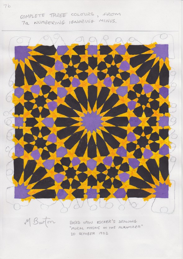 Colour sequence allocation of 3 colours to continuous lines on Escher Mosaic. Mick Burton study.