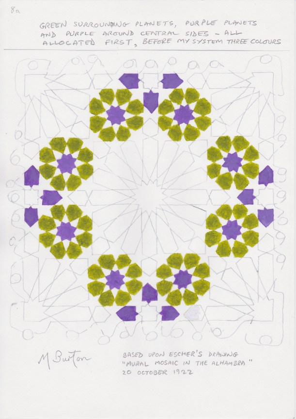 Allocation of all green colours and changes of black to purple on Escher Mosaic. Mick Burton study.