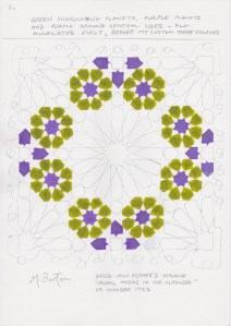 Allocation of all green colours and changes of black to purple on Escher Mosaic. Mick Burton study.