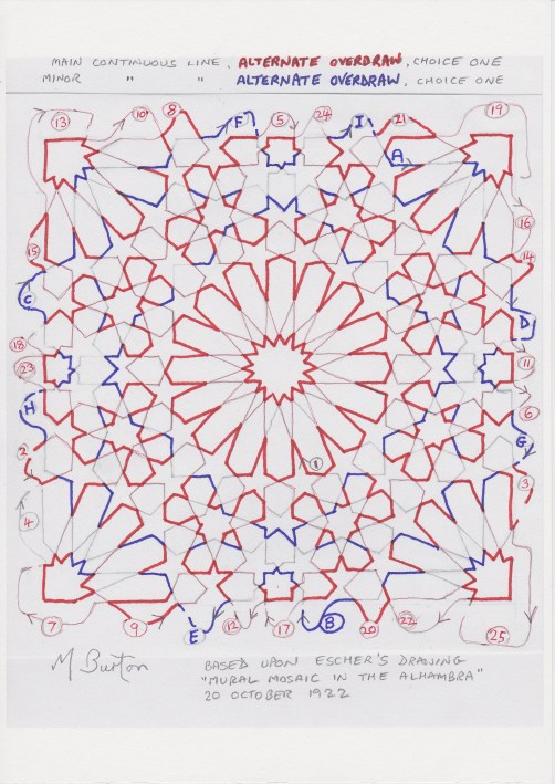 Minor Continuous Line, Alternate Overdraws in Red and Blue. Mick Burton Escher Mosaic study.
