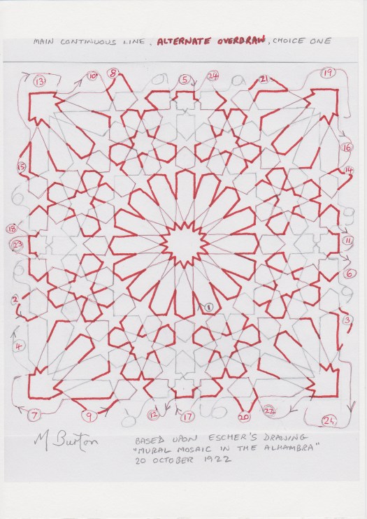 Main continuous line, Alternate Overdraw, choice 1. Mick Burton, Escher Mosaic study.