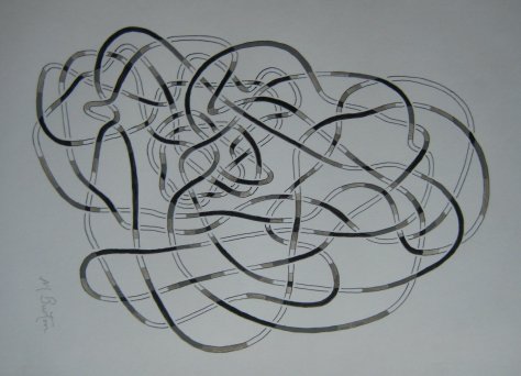 Depth of lines in black and white, in Haken's Gordian Knot. Mick Burton, continuous line drawing.