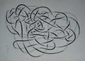 Depth of lines in black and white, in Haken's Gordian Knot. Mick Burton, continuous line drawing.