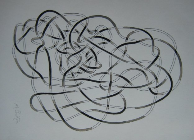 Depth of lines in black and white on Haken Gordian   Knot.  Mick Burton, continuous line.