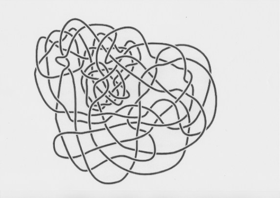 Haken's Gordian Knot, from Ian Agol. A simple circle of string (an Unknot) formed into a complicated continuous line.