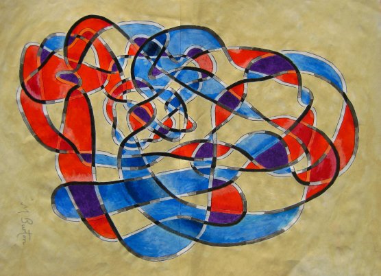 Twisting, overlapping colouring of Haken's Gordian Knot. Mick Burton painting.