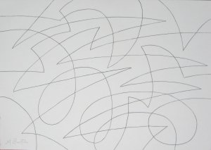 Spherical continuous line drawing with rolling and jagged lines. Mick Burton 2015.