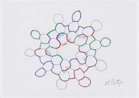 completed Four Colour Theorem overdraw, on design based upon Skydivers formation design. Mick Burton, continuous line artist.