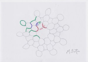 Four Colour Overdraw decision 3 triggers 10 further overdraws, in green. Mick Burton, continuous line artist.