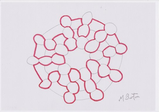 Skydiver formation design with links between out petals completed, overdrawn with a Single Continuous Line using Four Colour Theorem method. Mick Burton.