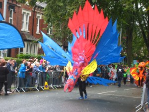 Red and blue costume in the Leeds Carnival matched the drizzle. Photo by Mick Burton, continuous line artist.