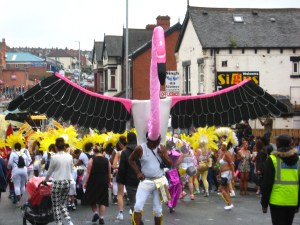 Flamingo costume at Leeds Carnival. Photo by Mick Burton, continuous line artist.