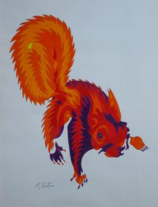 Red Squirrel, continuous line with colour sequence. Mick Burton, Leeds artist.
